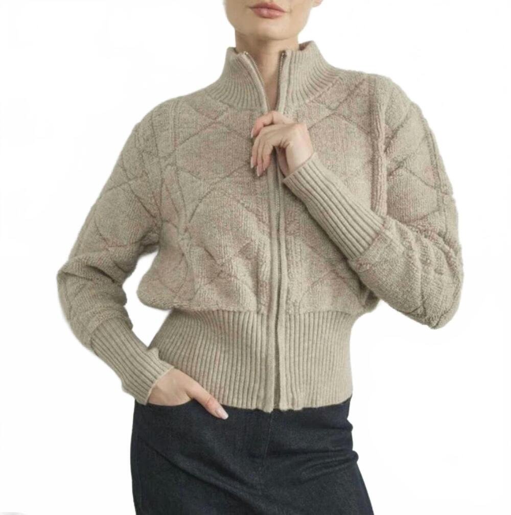 NEW AARON & AMBER high neck text rib edge zip cardigan in tan